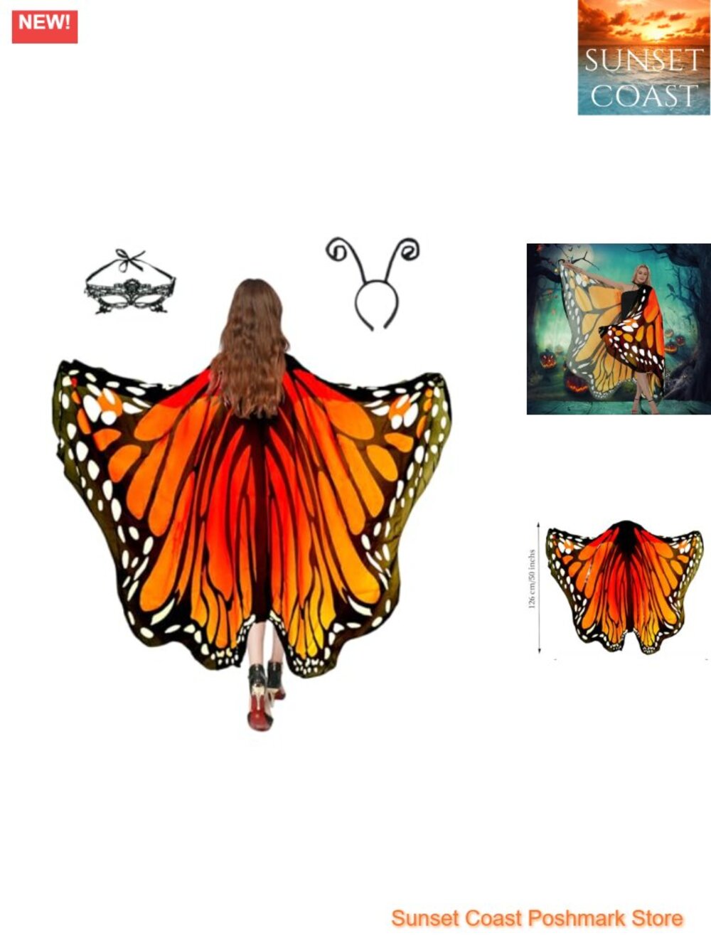 Butterfly Wings Costume Chiffon Cape with Mask Headband 3pc Set